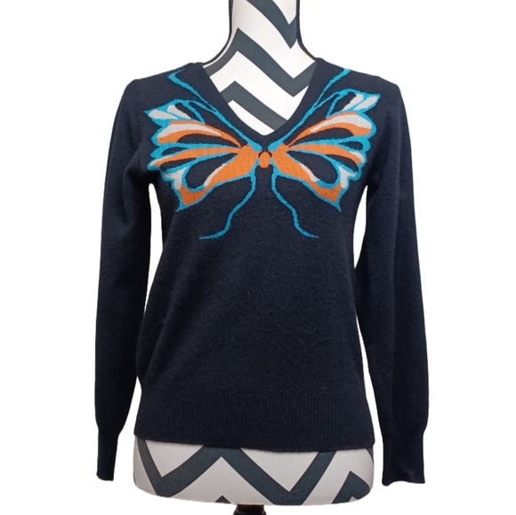 Whimsigoth Butterfly Print Cashmere V-Neck Ribbed Hem Sweater - Picture 1 of 11